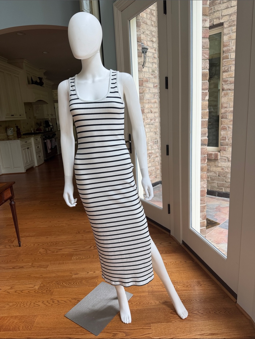 French Connection Black and White Striped Ribbed Midi Dress